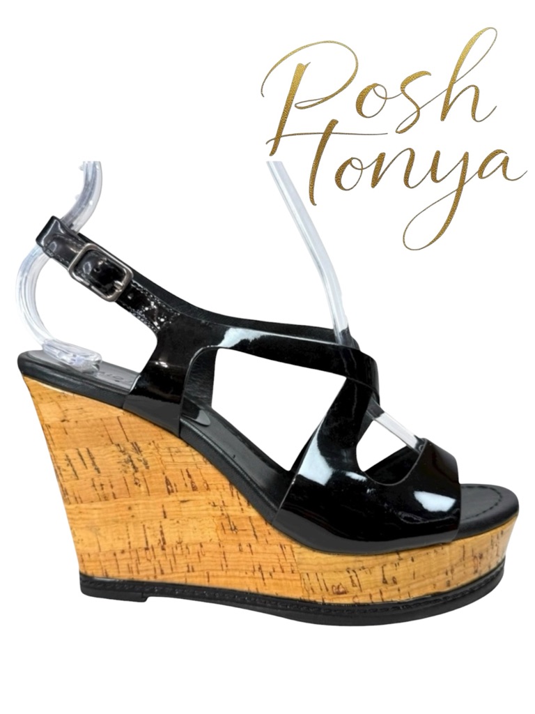 Donald J Pliner Camdyn Black Patent Leather Platform Cork Wedge Sandals Size 6